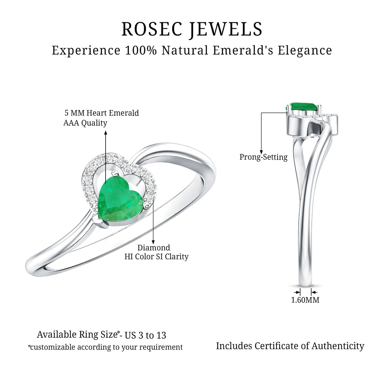 Emerald Heart Promise Ring - Natural AAA Quality Emerald, Diamond Curved Band