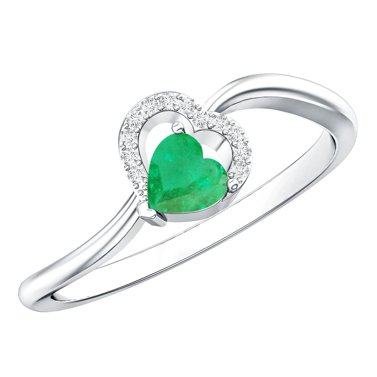 Emerald Heart Promise Ring - Natural AAA Quality Emerald, Diamond Curved Band