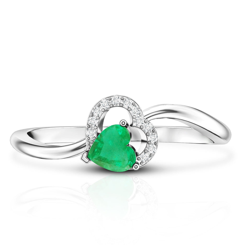 Emerald Heart Promise Ring - Natural AAA Quality Emerald, Diamond Curved Band