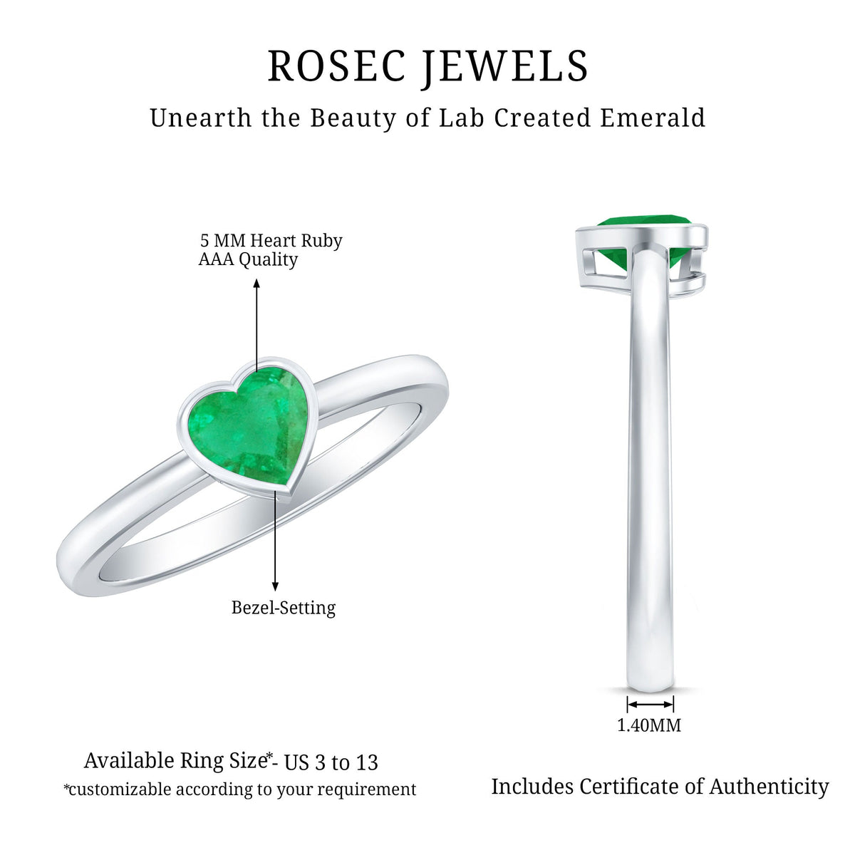 Emerald Heart Ring – Heart Shaped Emerald Solitaire Bezel Setting Jewelry