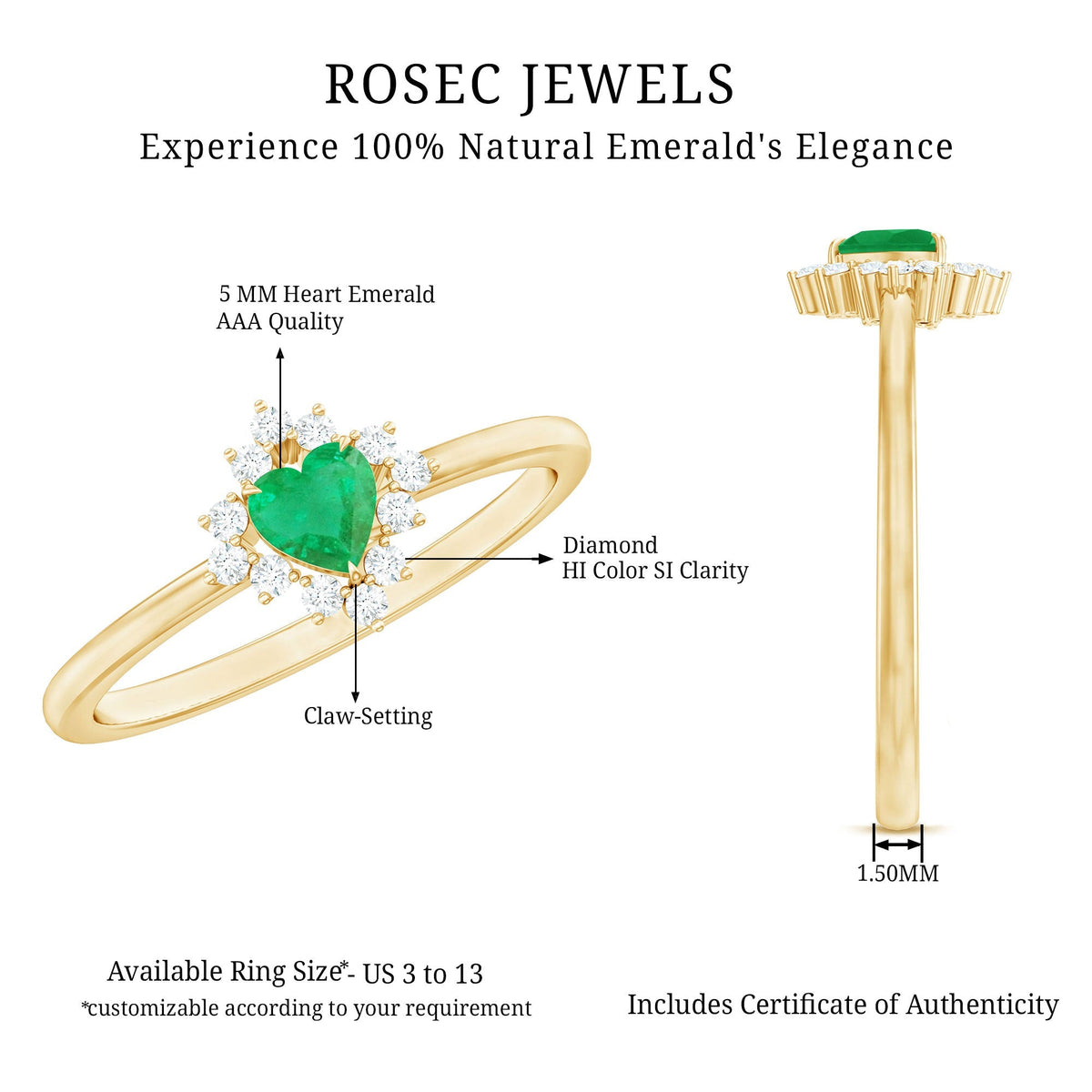 Emerald Heart Ring – Natural AAA Quality Emerald Diamond Promise Ring in Rose Gold