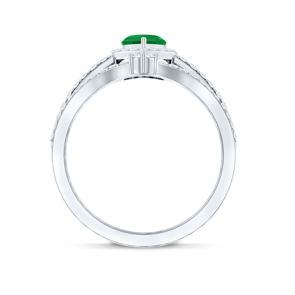 Emerald Heart Wedding Ring - Diamond Halo Bridal Ring Set With Enhancer Band