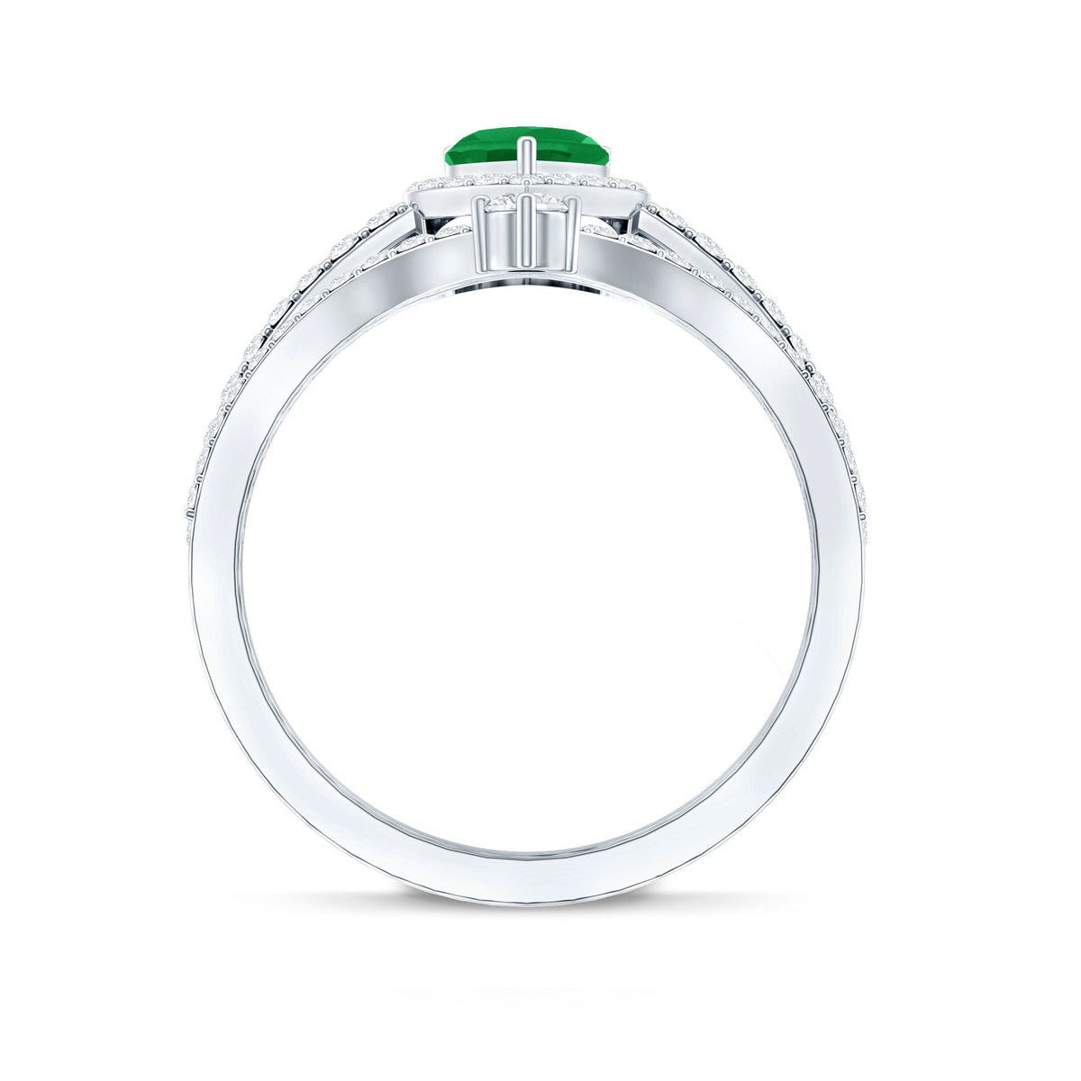 Emerald Heart Wedding Ring - Diamond Halo Bridal Ring Set With Enhancer Band