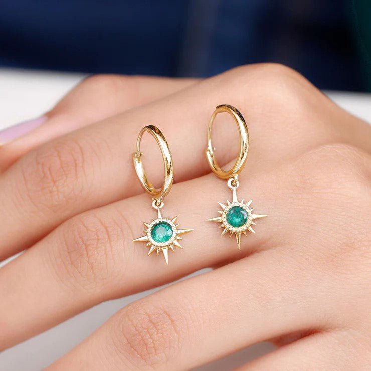 Emerald Hoop Earrings – AAA Quality Green Gemstone Earrings with Sunburst Design