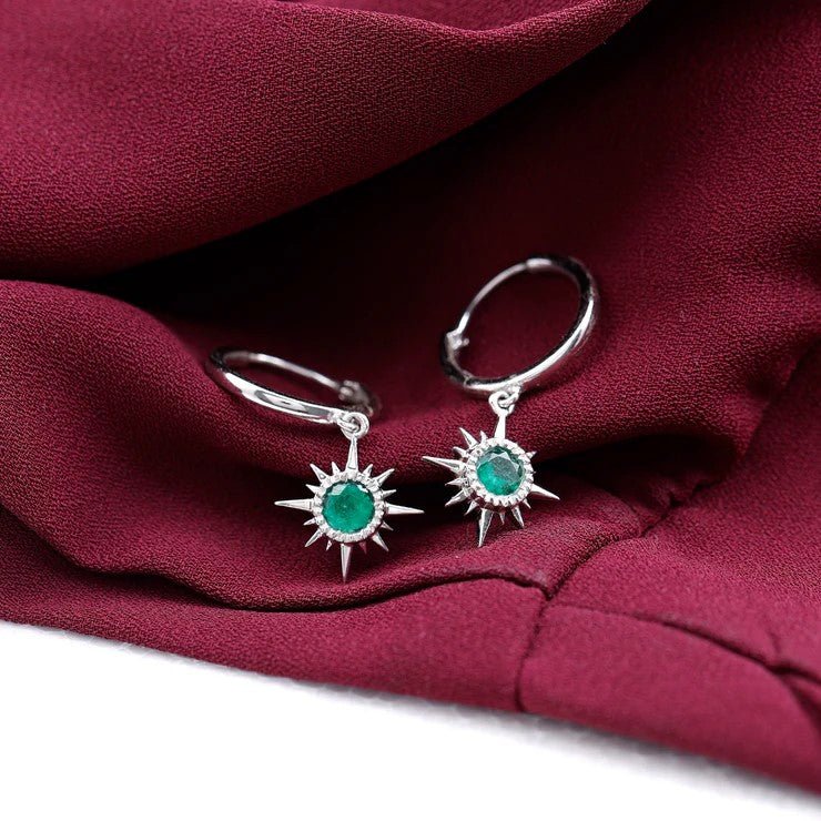 Emerald Hoop Earrings – AAA Quality Green Gemstone Earrings with Sunburst Design