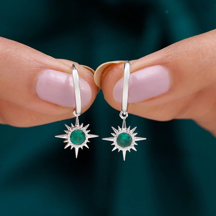 Emerald Hoop Earrings – AAA Quality Green Gemstone Earrings with Sunburst Design