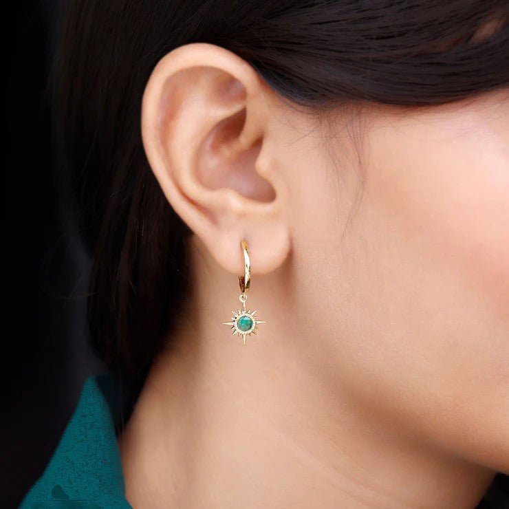 Emerald Hoop Earrings – AAA Quality Green Gemstone Earrings with Sunburst Design