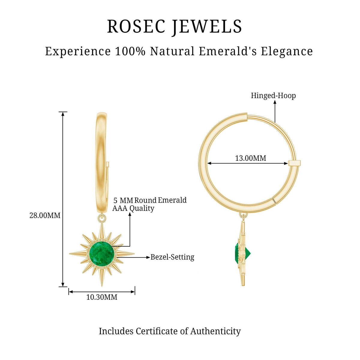 Emerald Hoop Earrings – AAA Quality Green Gemstone Earrings with Sunburst Design