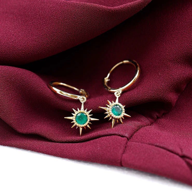 Emerald Hoop Earrings – AAA Quality Green Gemstone Earrings with Sunburst Design