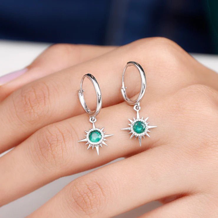 Emerald Hoop Earrings – AAA Quality Green Gemstone Earrings with Sunburst Design