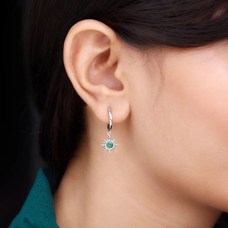 Emerald Hoop Earrings – AAA Quality Green Gemstone Earrings with Sunburst Design