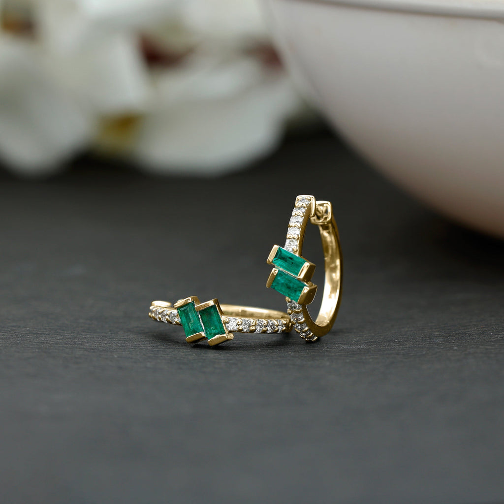 Emerald Hoop Earrings | Baguette Cut Emeralds & Diamond Bar Setting by Rosec Jewels