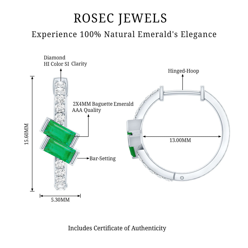 Emerald Hoop Earrings | Baguette Cut Emeralds & Diamond Bar Setting by Rosec Jewels