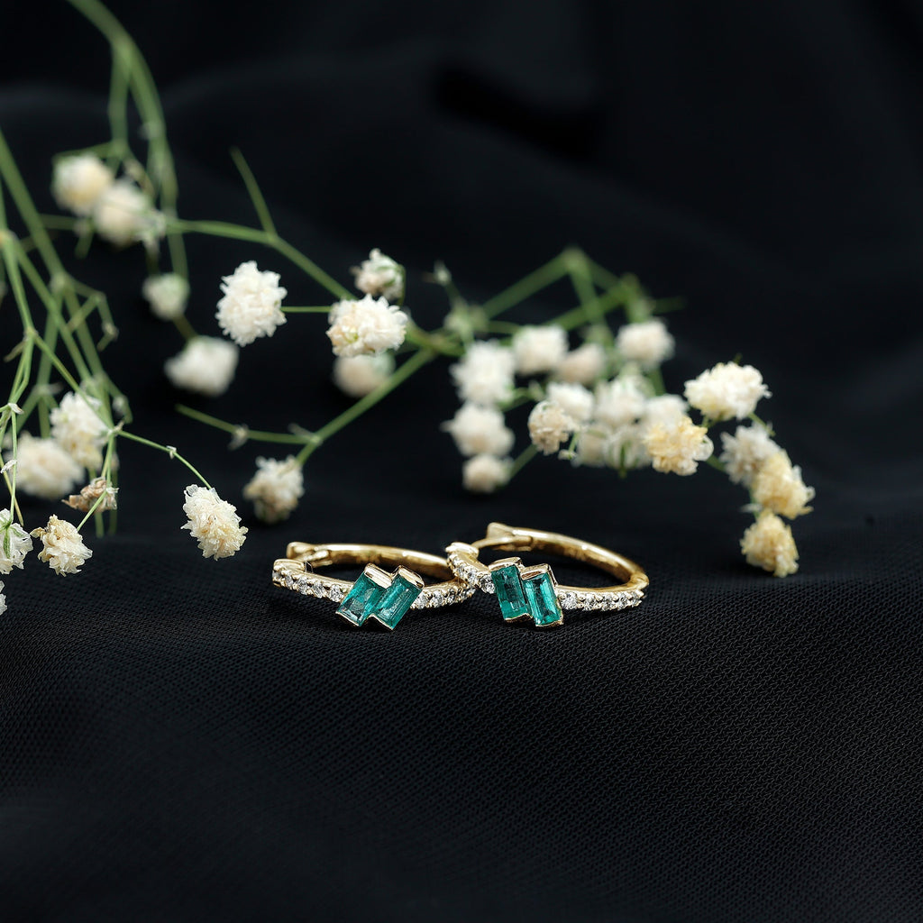 Emerald Hoop Earrings | Baguette Cut Emeralds & Diamond Bar Setting by Rosec Jewels
