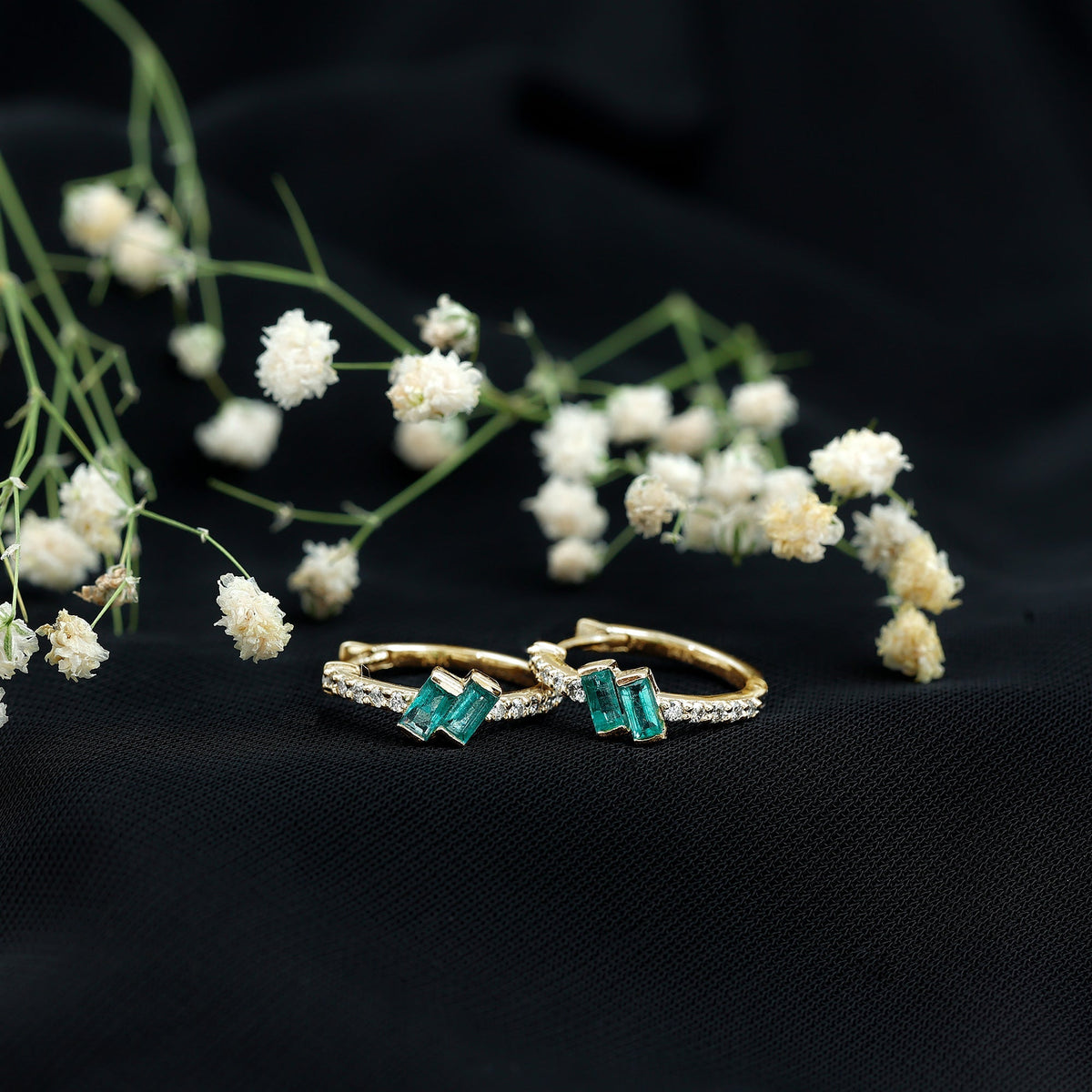 Emerald Hoop Earrings | Baguette Cut Emeralds & Diamond Bar Setting by Rosec Jewels