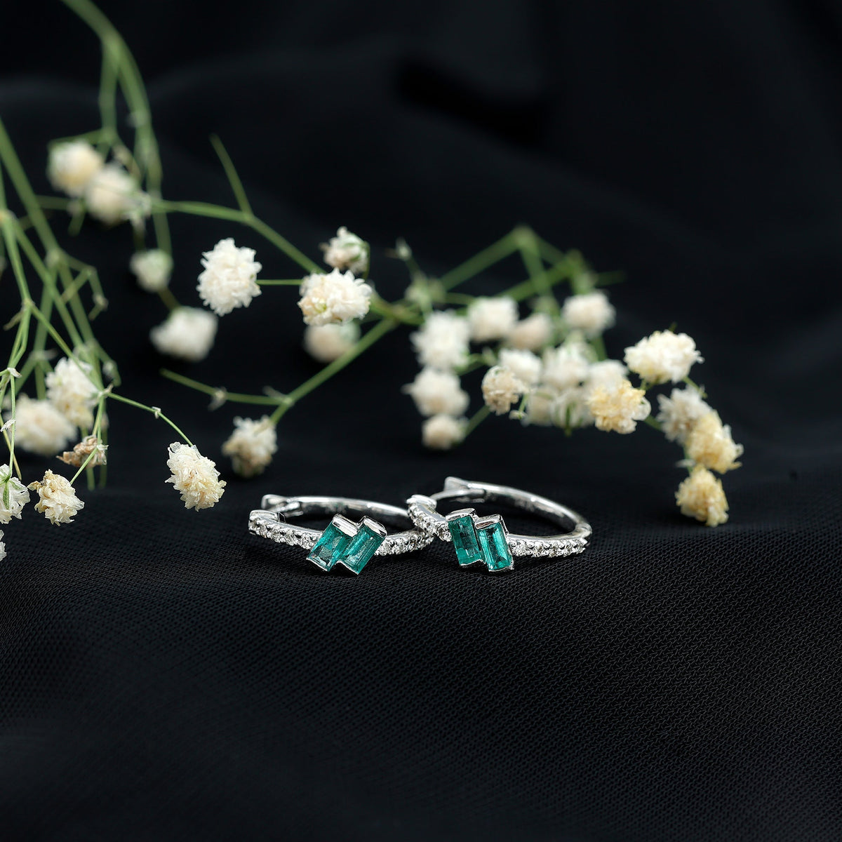 Emerald Hoop Earrings | Baguette Cut Emeralds & Diamond Bar Setting by Rosec Jewels
