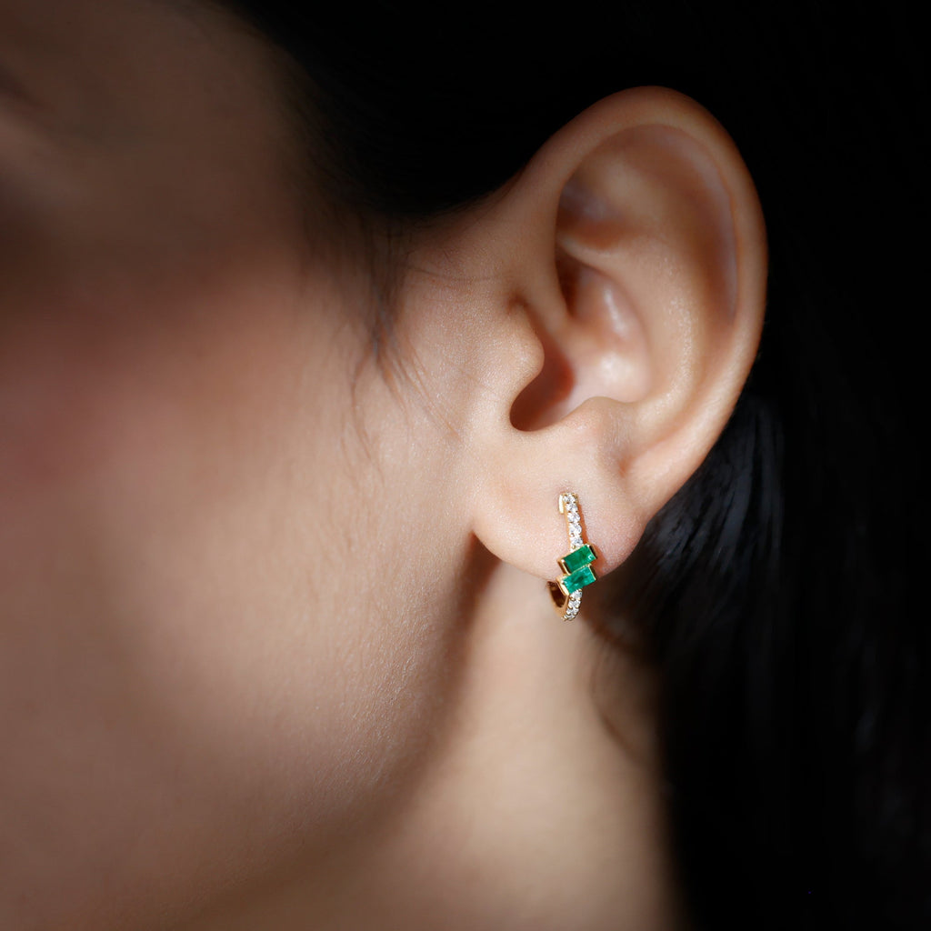 Emerald Hoop Earrings | Baguette Cut Emeralds & Diamond Bar Setting by Rosec Jewels