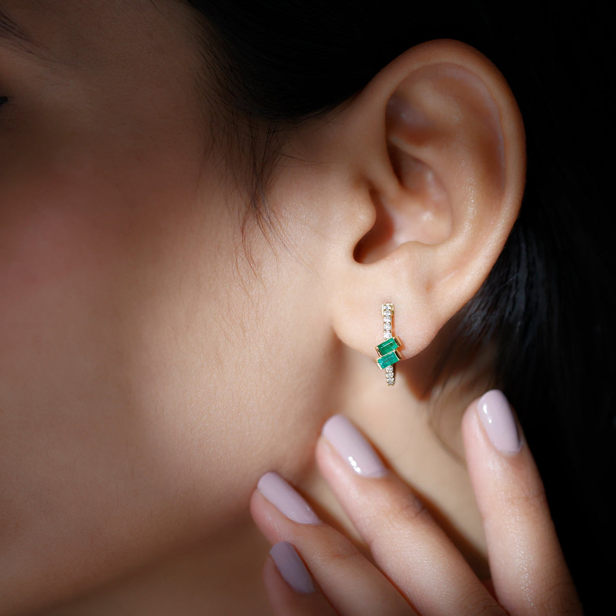 Emerald Hoop Earrings | Baguette Cut Emeralds & Diamond Bar Setting by Rosec Jewels