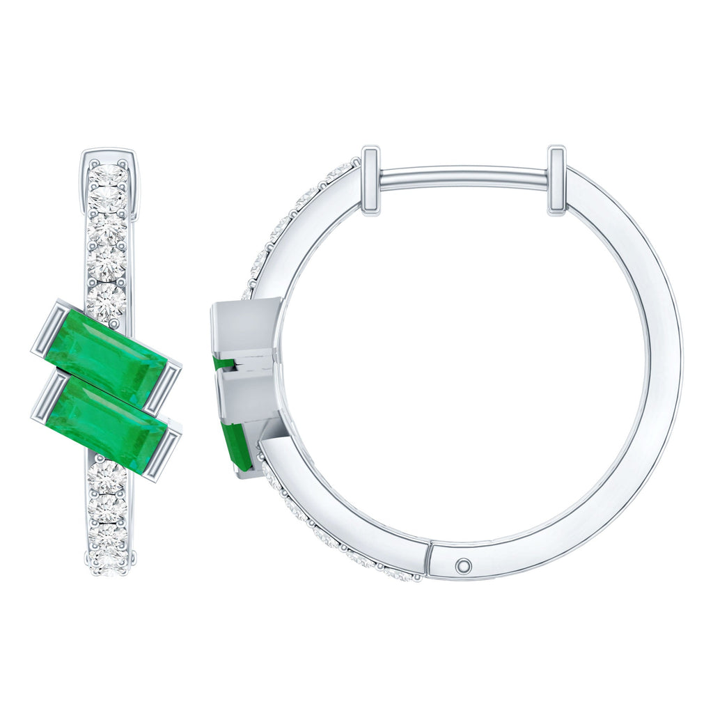 Emerald Hoop Earrings | Baguette Cut Emeralds & Diamond Bar Setting by Rosec Jewels