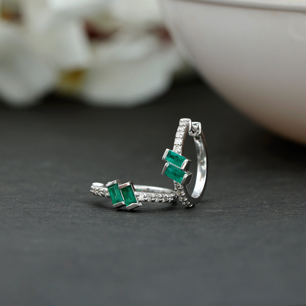Emerald Hoop Earrings | Baguette Cut Emeralds & Diamond Bar Setting by Rosec Jewels