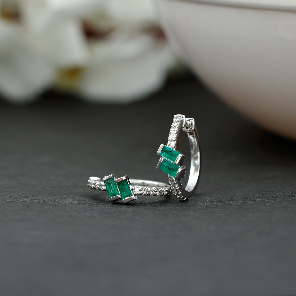 Emerald Hoop Earrings | Baguette Cut Emeralds & Diamond Bar Setting by Rosec Jewels