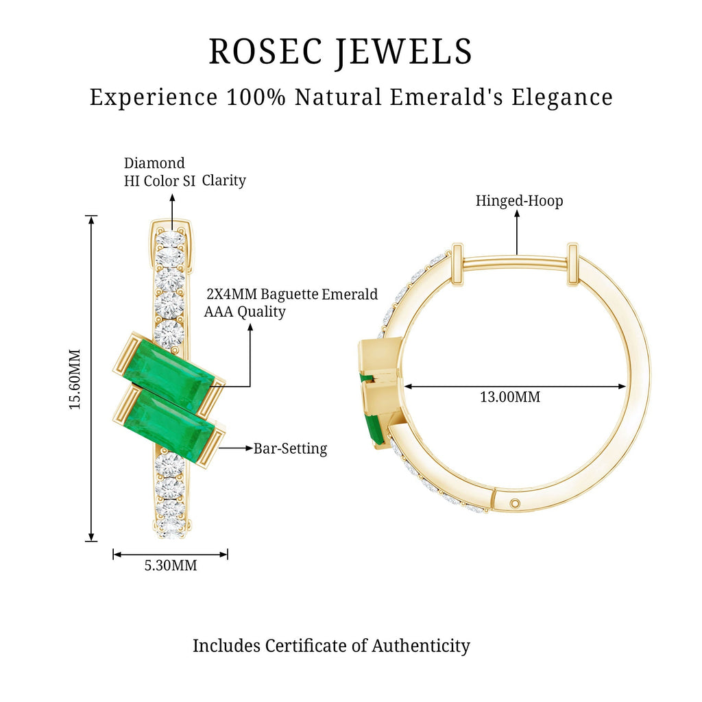 Emerald Hoop Earrings | Baguette Cut Emeralds & Diamond Bar Setting by Rosec Jewels