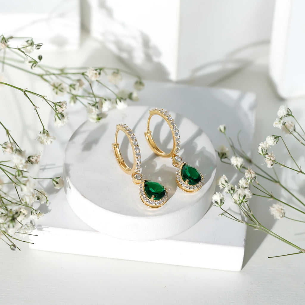 Emerald Hoop Earrings – Lab Created Emerald Teardrop with Moissanite Halo Design