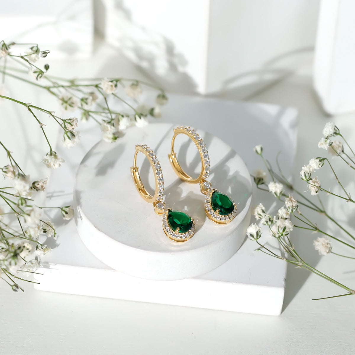 Emerald Hoop Earrings – Lab Created Emerald Teardrop with Moissanite Halo Design
