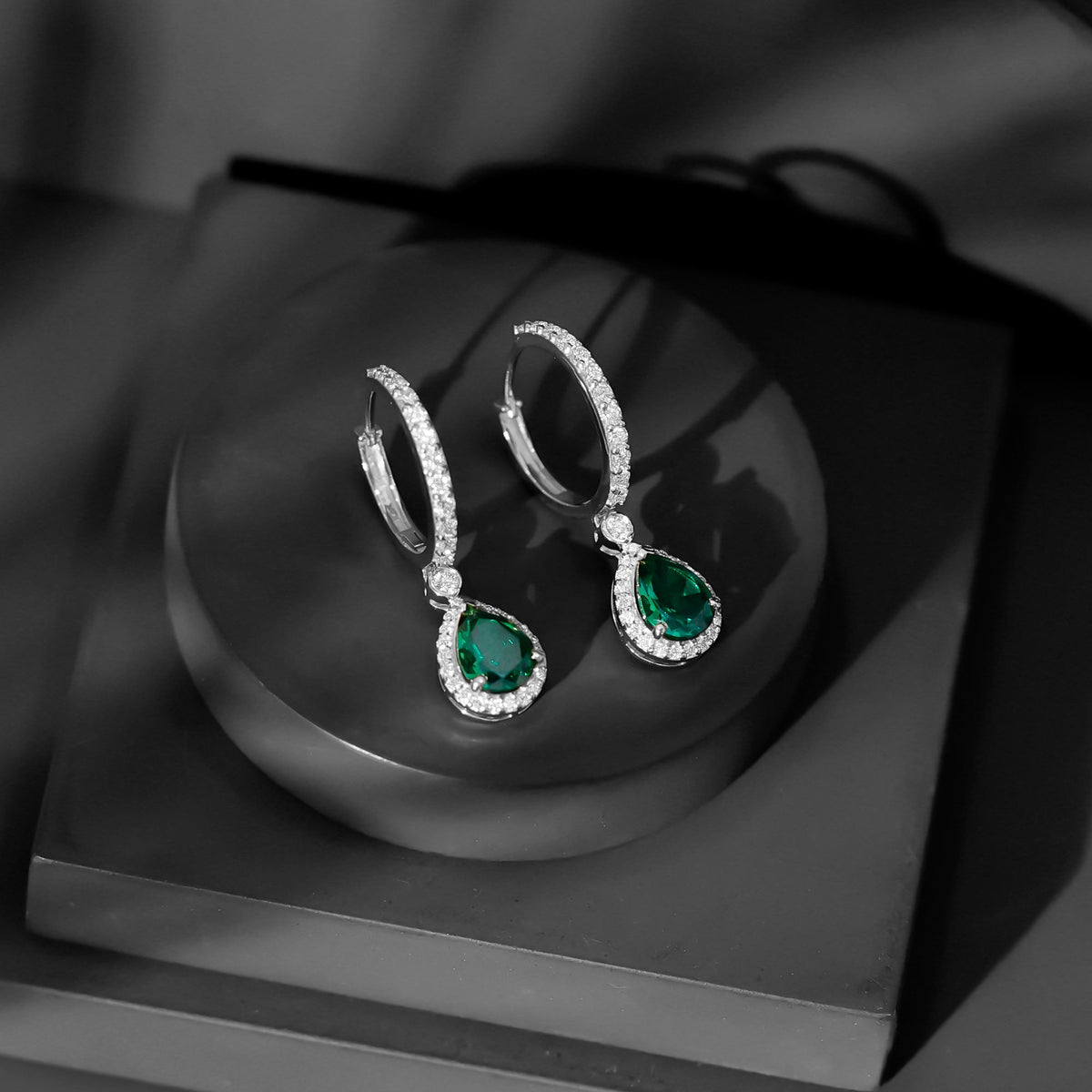 Emerald Hoop Earrings – Lab Created Emerald Teardrop with Moissanite Halo Design