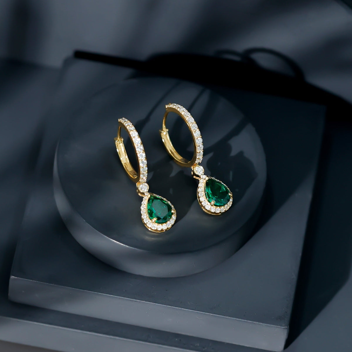 Emerald Hoop Earrings – Lab Created Emerald Teardrop with Moissanite Halo Design