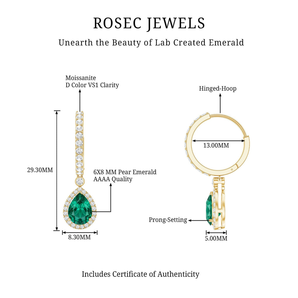 Emerald Hoop Earrings – Lab Created Emerald Teardrop with Moissanite Halo Design