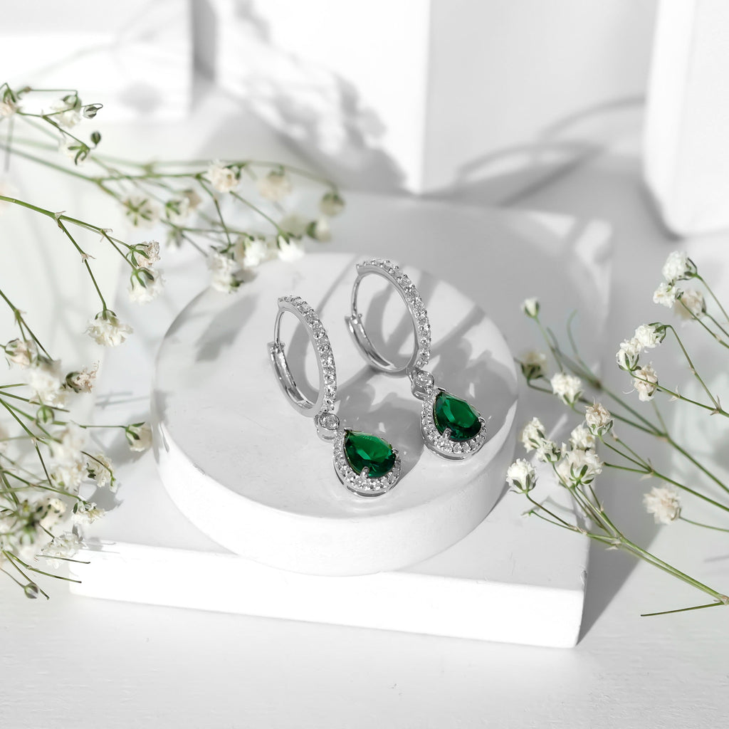 Emerald Hoop Earrings – Lab Created Emerald Teardrop with Moissanite Halo Design