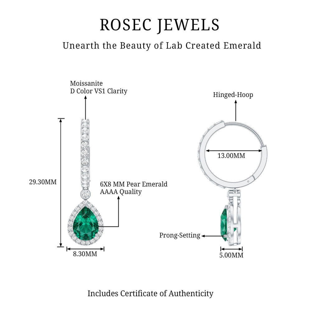 Emerald Hoop Earrings – Lab Created Emerald Teardrop with Moissanite Halo Design