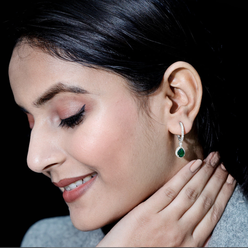 Emerald Hoop Earrings – Lab Created Emerald Teardrop with Moissanite Halo Design