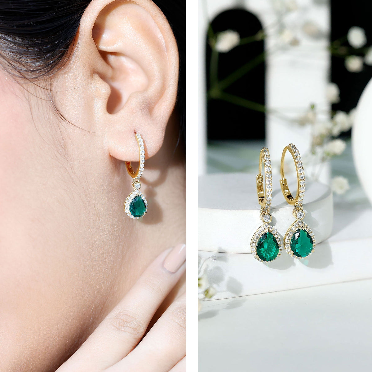 Emerald Hoop Earrings – Lab Grown Emerald Drop With Moissanite Halo Accent