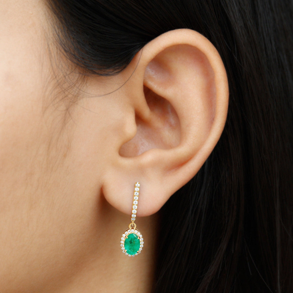 Emerald Hoop Earrings – Oval Emerald Drop With Diamond Halo & Secure Screw Back