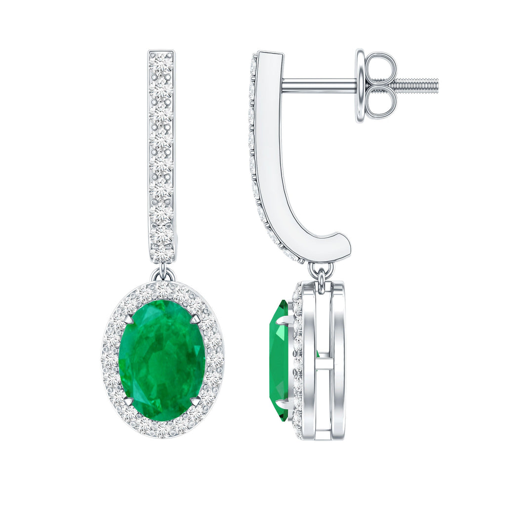 Emerald Hoop Earrings – Oval Emerald Drop With Diamond Halo & Secure Screw Back