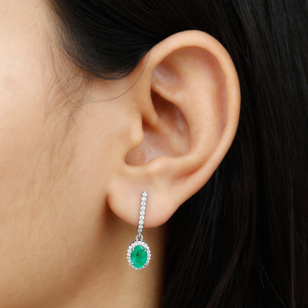 Emerald Hoop Earrings – Oval Emerald Drop With Diamond Halo & Secure Screw Back