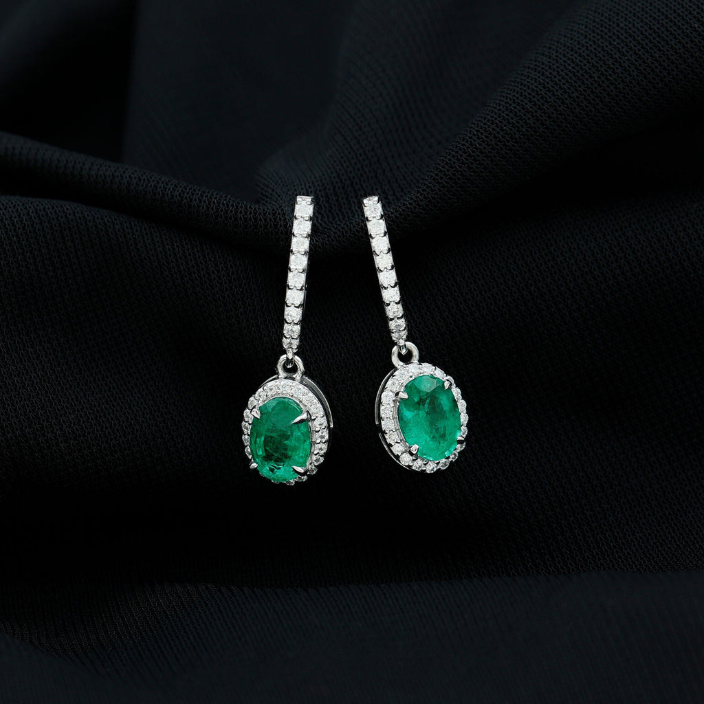 Emerald Hoop Earrings – Oval Emerald Drop With Diamond Halo & Secure Screw Back