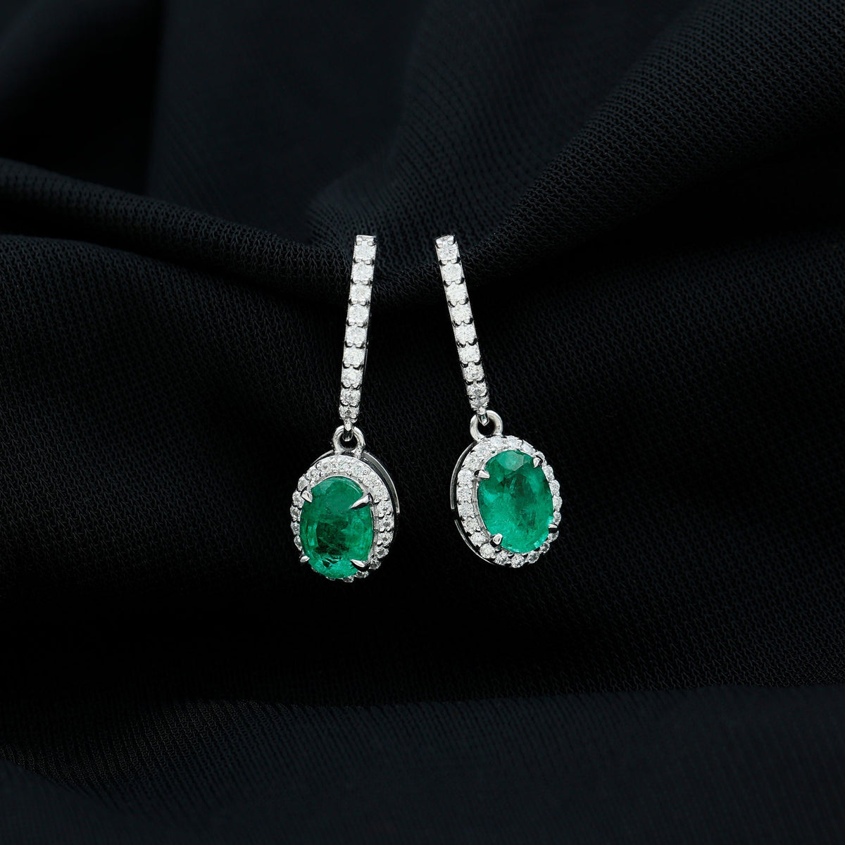 Emerald Hoop Earrings – Oval Emerald Drop With Diamond Halo & Secure Screw Back