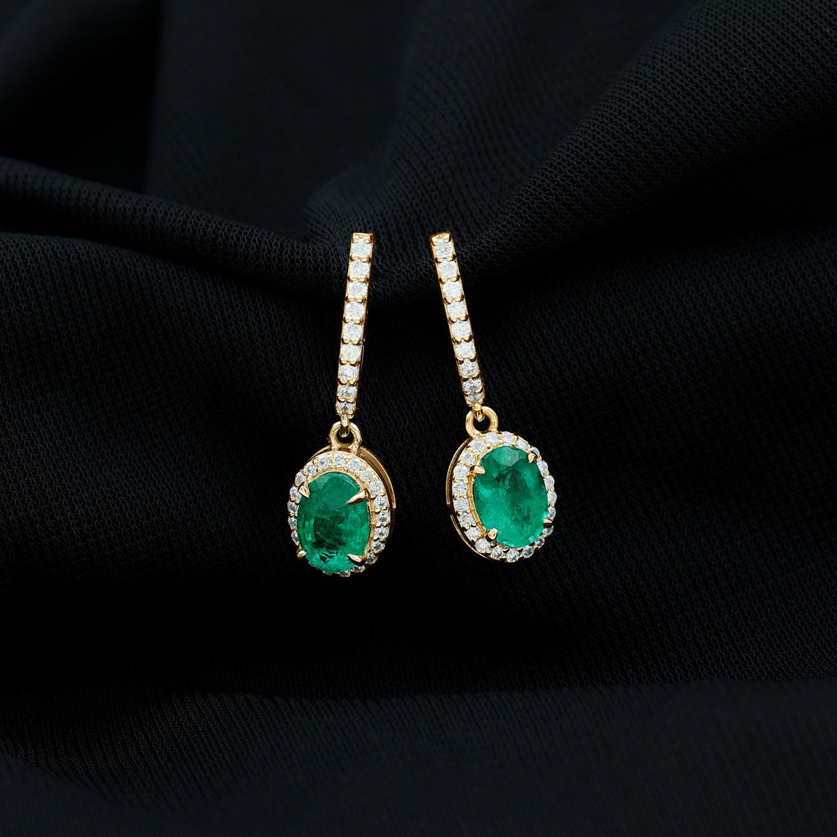 Emerald Hoop Earrings – Oval Emerald Drop With Diamond Halo & Secure Screw Back