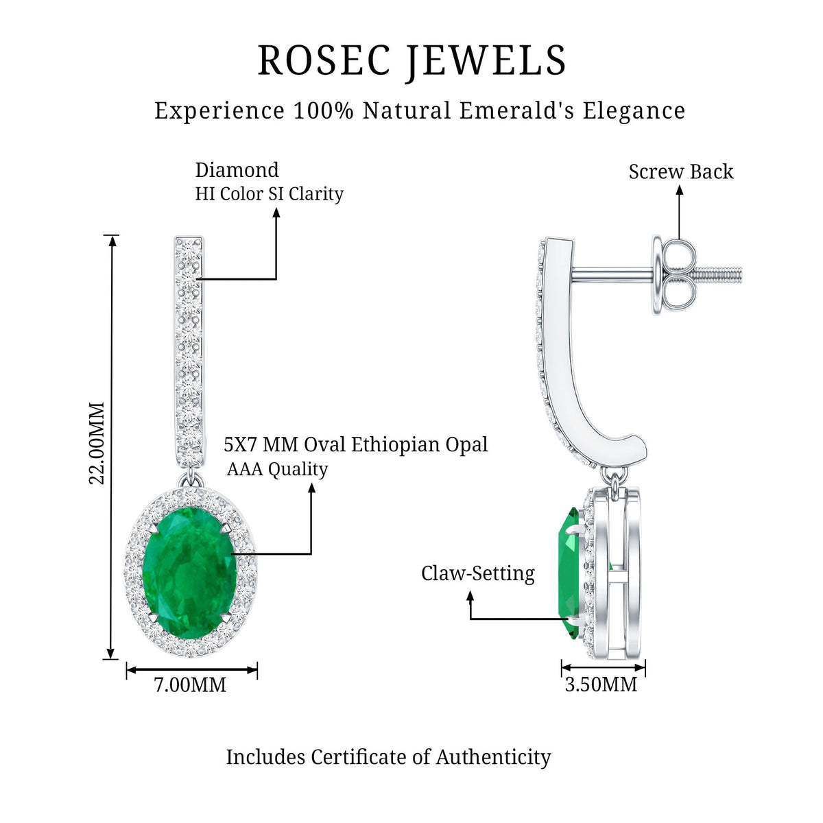 Emerald Hoop Earrings – Oval Emerald Drop With Diamond Halo & Secure Screw Back