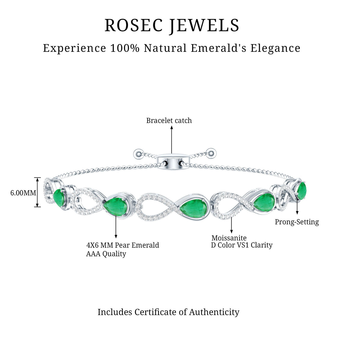 Emerald Infinity Bracelet – Adjustable Bolo Chain With Moissanite Stones