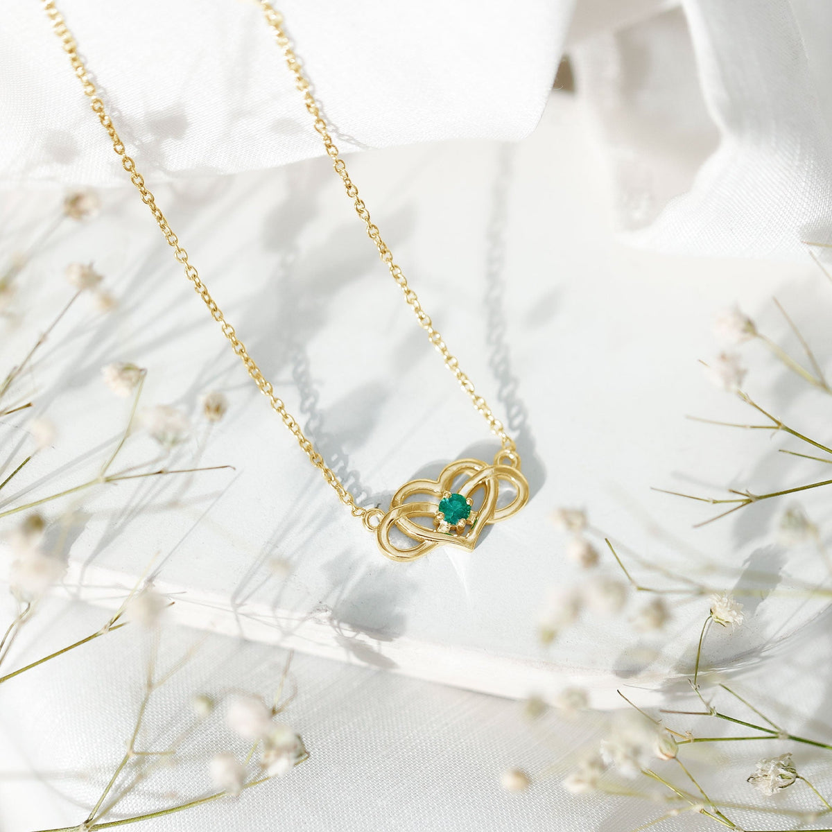 Emerald Infinity Necklace – Heart Pendant with AAA Quality Green Gemstone