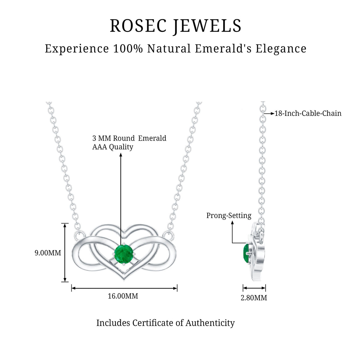 Emerald Infinity Necklace – Heart Pendant with AAA Quality Green Gemstone