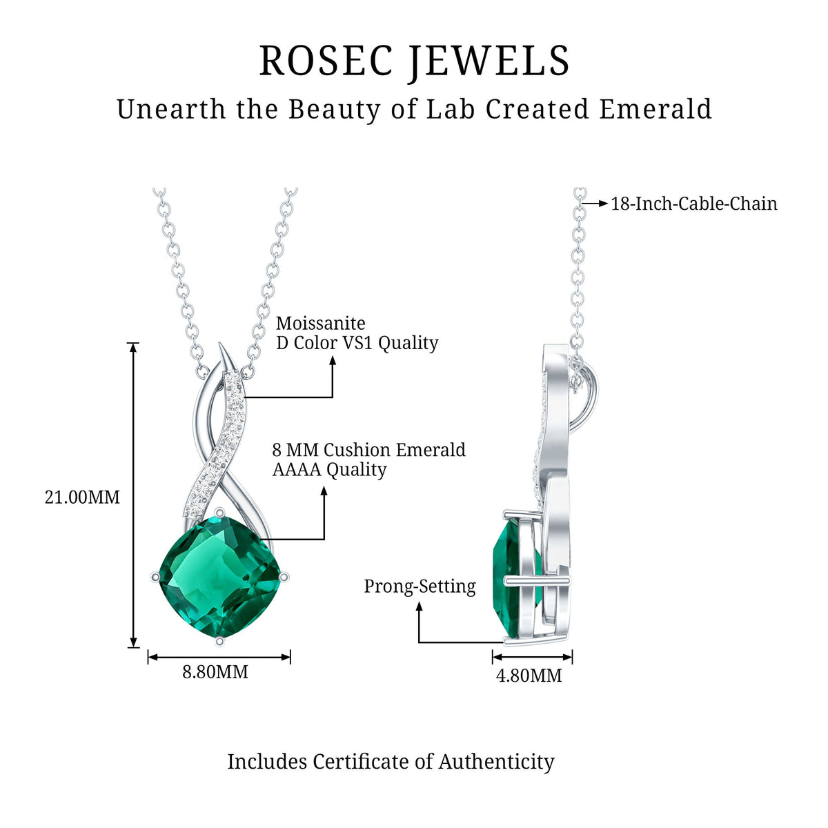 Emerald Infinity Necklace – Lab Created Emerald & Sparkling Moissanite Pendant