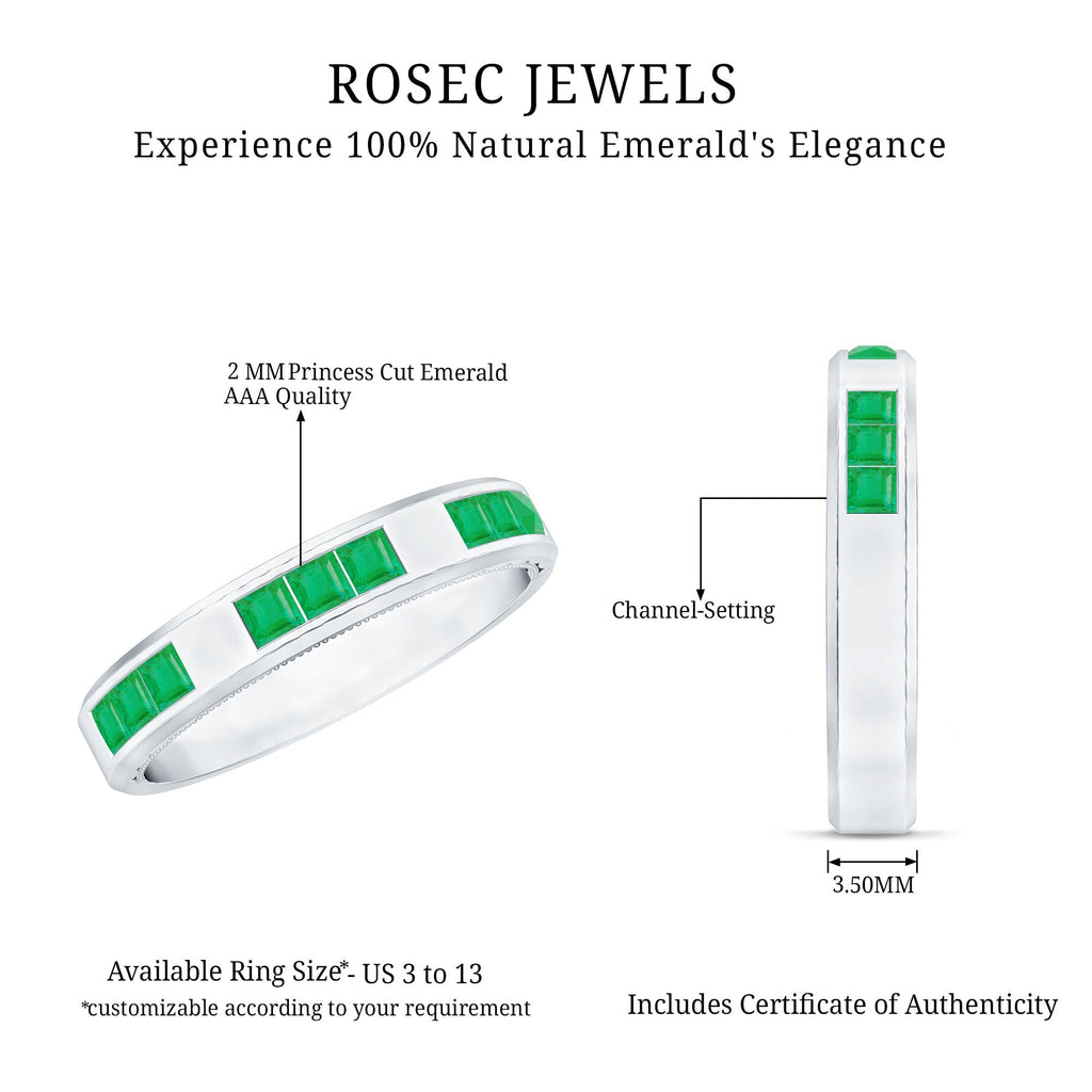 Emerald Mens Wedding Band – Princess Cut Emeralds Channel Set Ring in Rose Gold