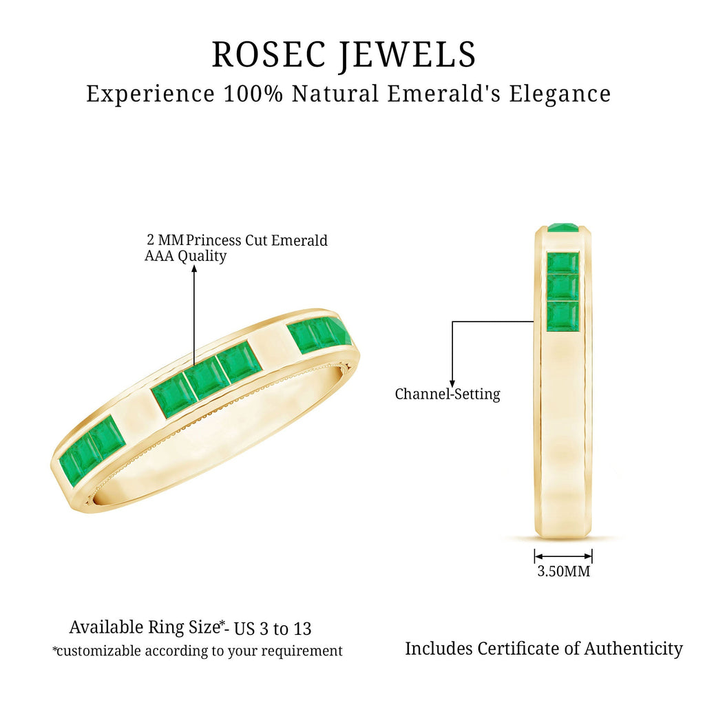 Emerald Mens Wedding Band – Princess Cut Emeralds Channel Set Ring in Rose Gold
