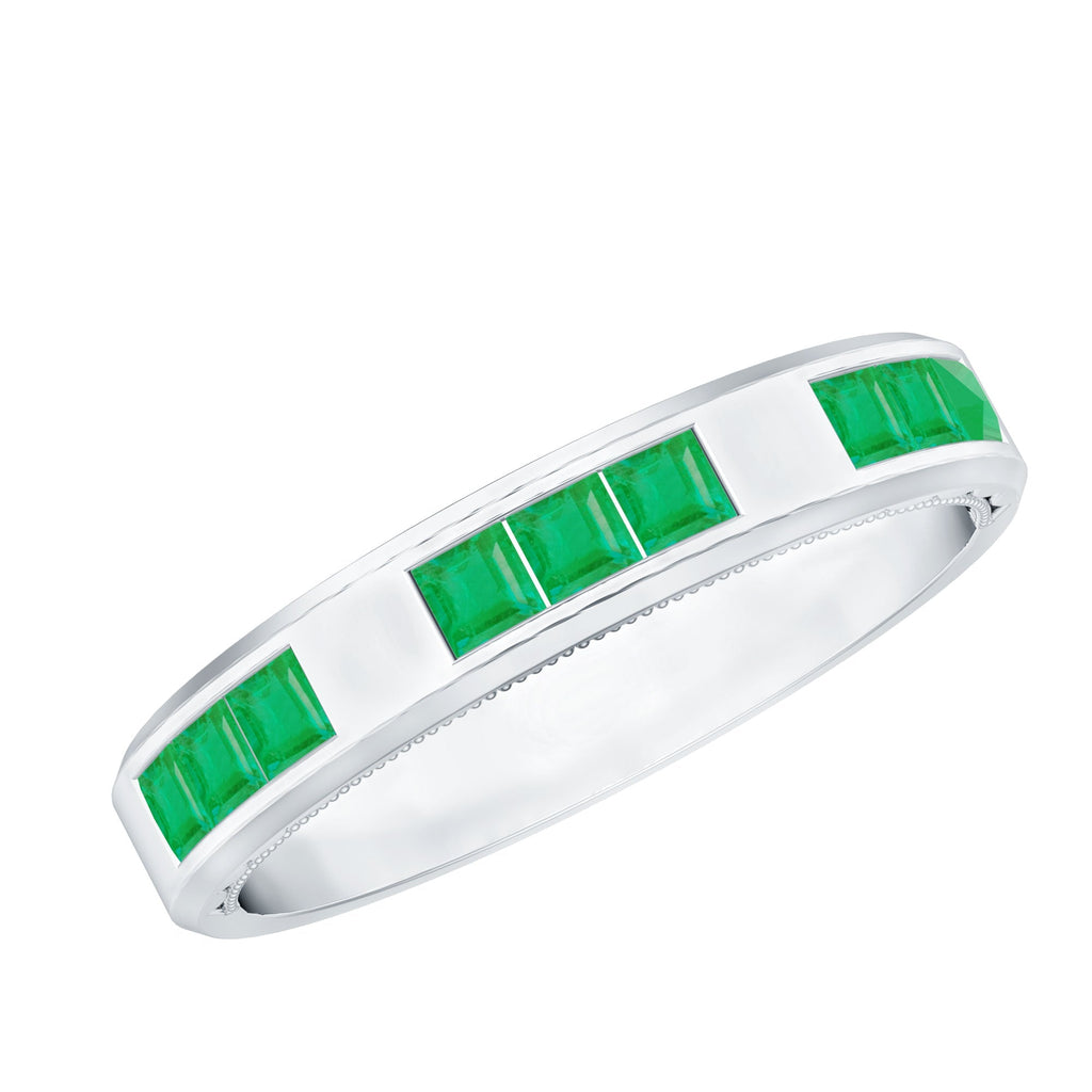 Emerald Mens Wedding Band – Princess Cut Emeralds Channel Set Ring in Rose Gold