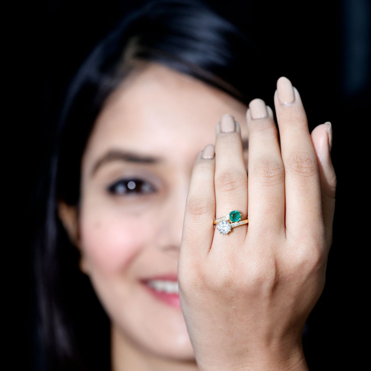 Emerald Moissanite Engagement Ring – Two Stone Cushion Cut Emerald | Bypass Shank Band